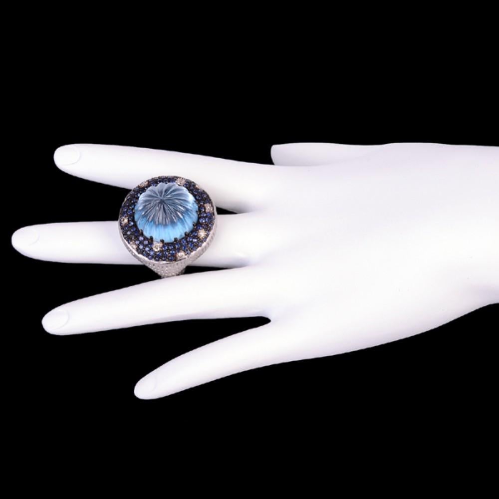 Artisan Blue Topaz Carved Ring with Sapphire & Diamonds Made in 14kt Gold & Silver For Sale
