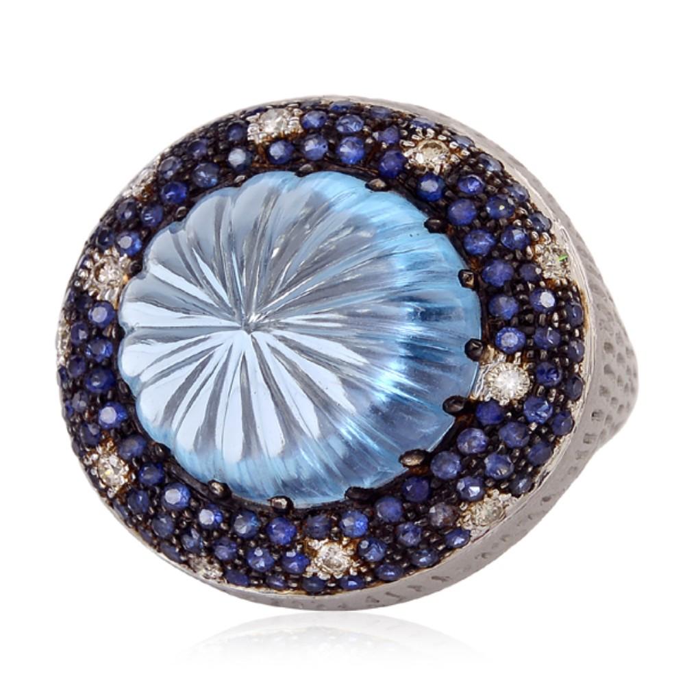 Mixed Cut Blue Topaz Carved Ring with Sapphire & Diamonds Made in 14kt Gold & Silver For Sale