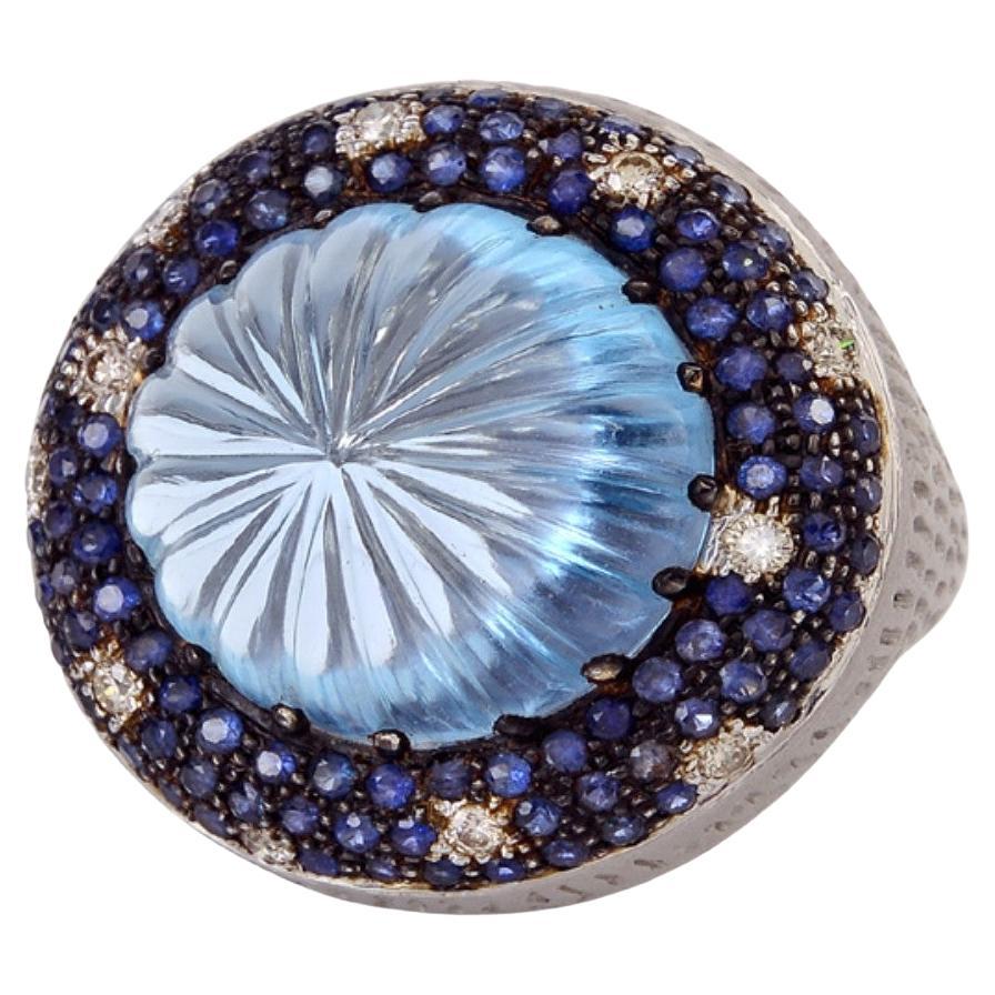 Blue Topaz Carved Ring with Sapphire & Diamonds Made in 14kt Gold & Silver