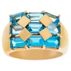 Vintage Blue Topaz checkered ring in 18k yellow gold
