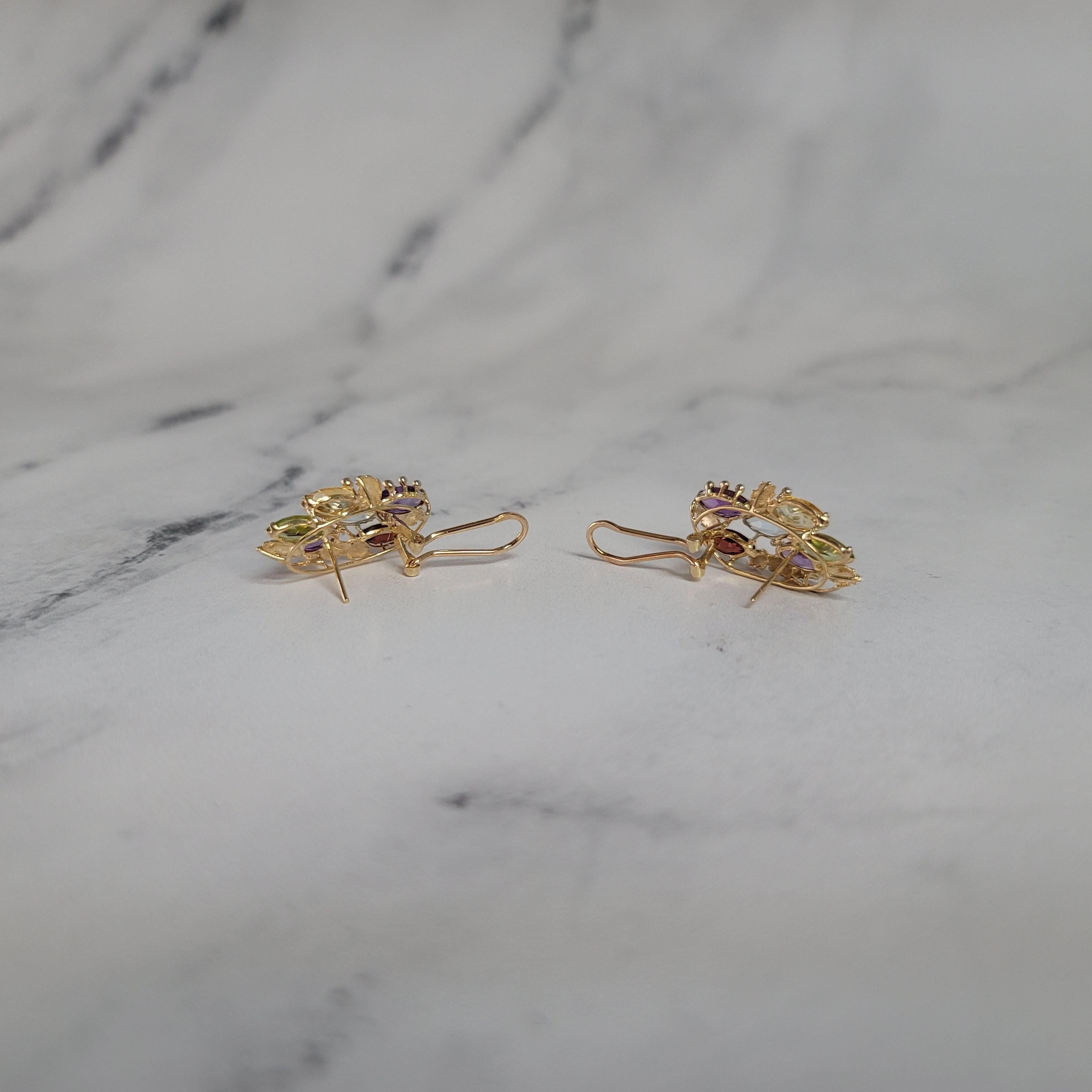 Boucles d'oreilles en or jaune 14 carats, topaze bleue, citrine, améthyste, grenat, péridot Unisexe en vente