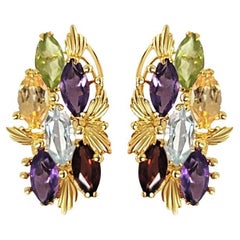 Blue Topaz, Citrine, Amethyst, Garnet, Peridot Earrings 14k Yellow Gold