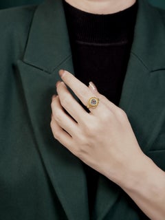 Blue Topaz Citrine Antique Style Halo Ring in 9K Yellow Gold