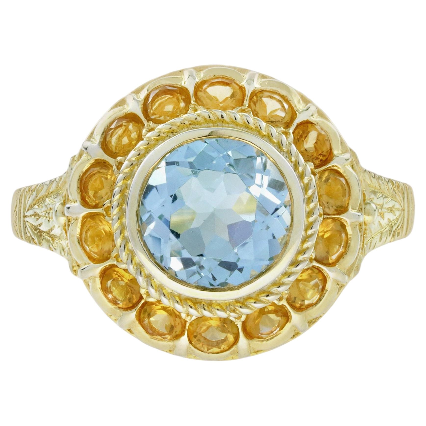 Anillo Halo de Topacio Azul y Citrino Estilo Antiguo en Oro Amarillo de 9 K en venta