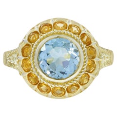 Blue Topaz Citrine Antique Style Halo Ring in 9K Yellow Gold