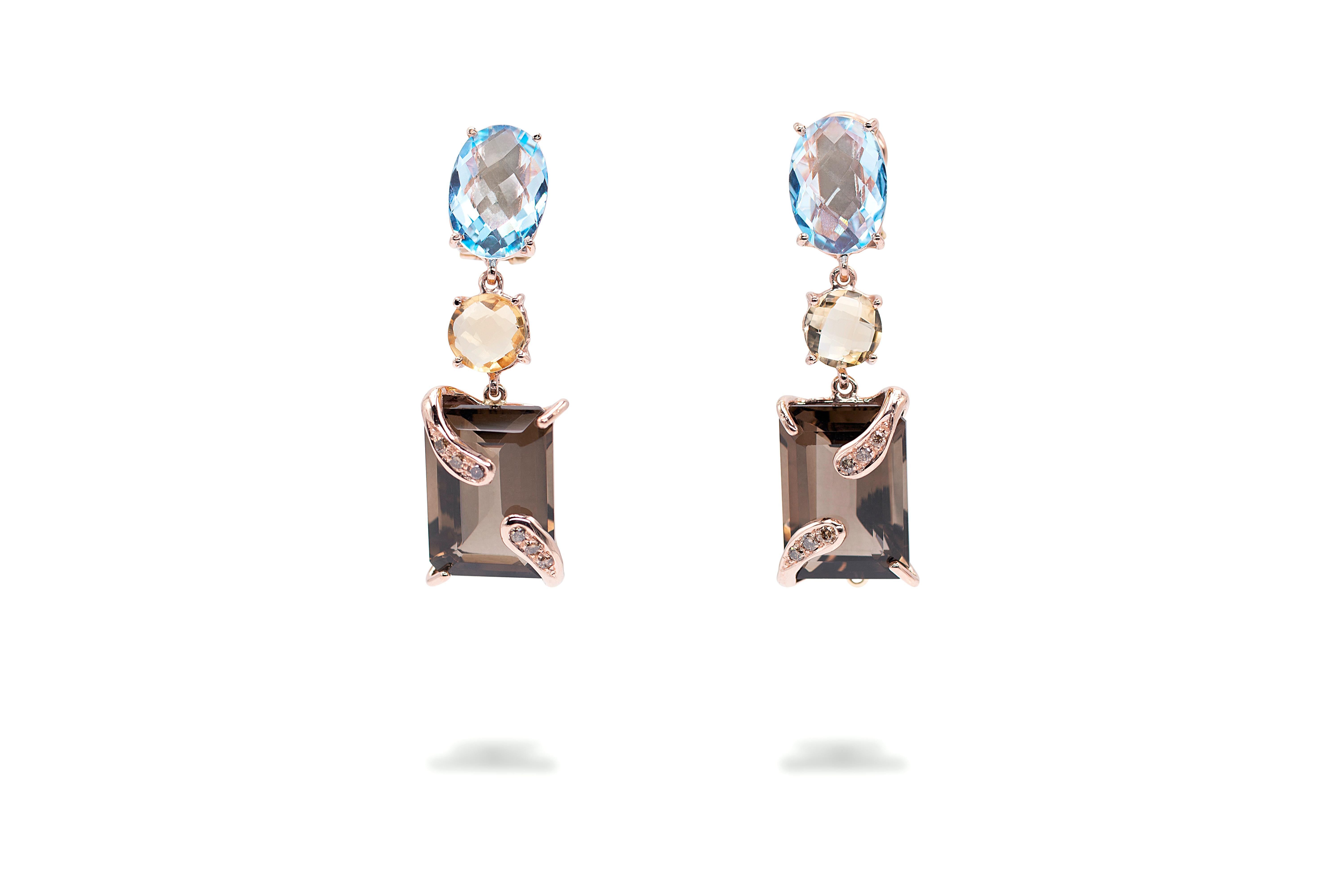  Boucles d'oreilles pendantes en or rose 18 carats avec topaze bleue, citrine et diamants bruns