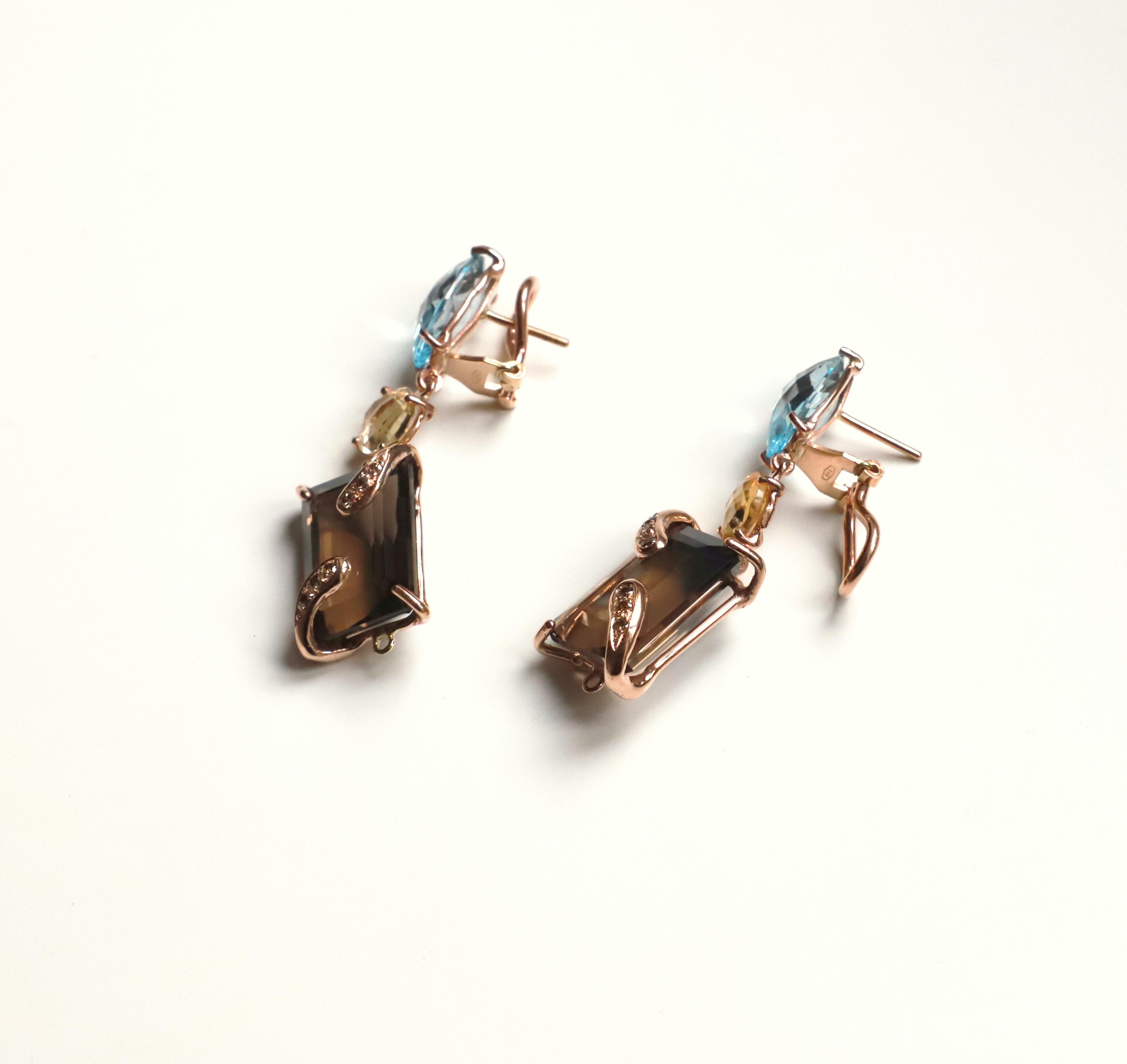 Contemporary Rose Gold Blue Topaz Citrine Brown Diamonds Dangle Design Earrings For Sale