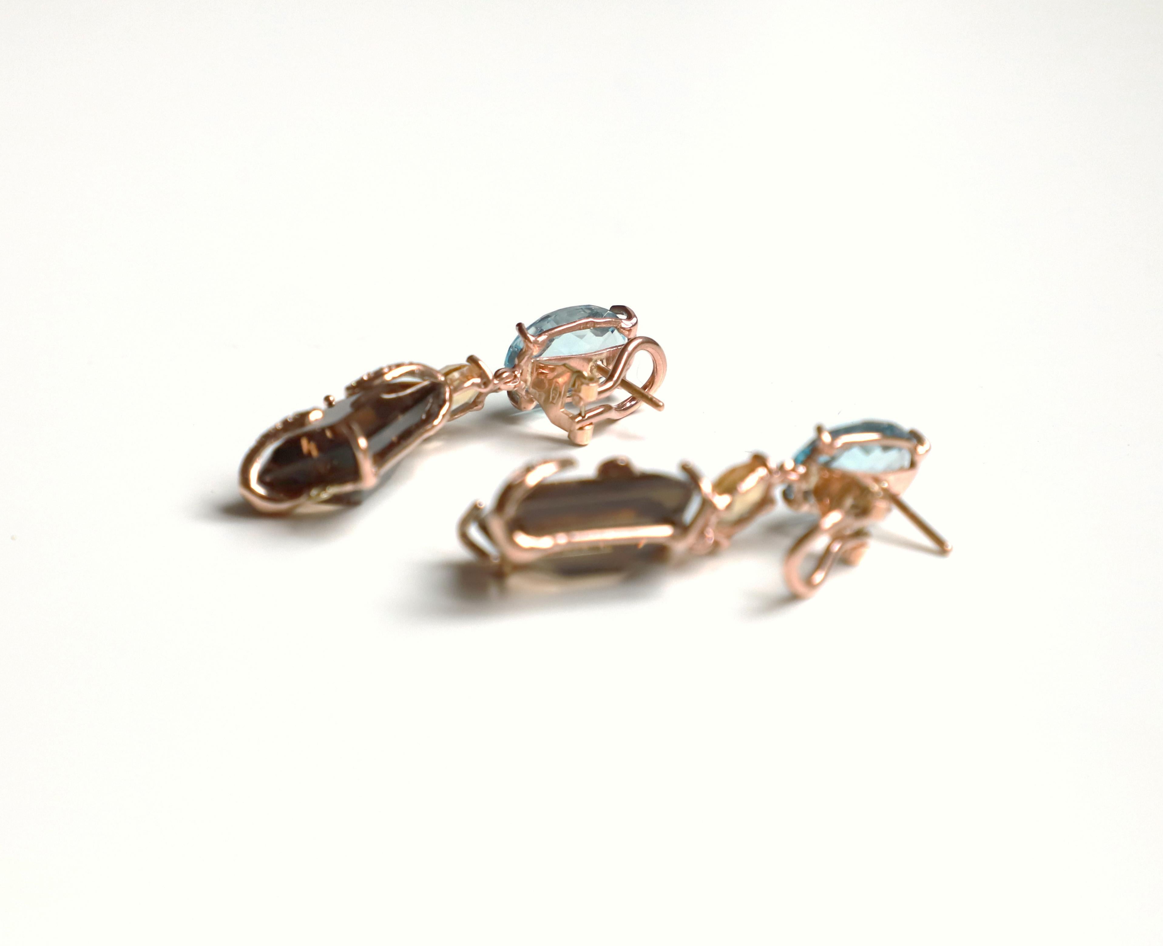 Women's Rose Gold Blue Topaz Citrine Brown Diamonds Dangle Design Earrings For Sale