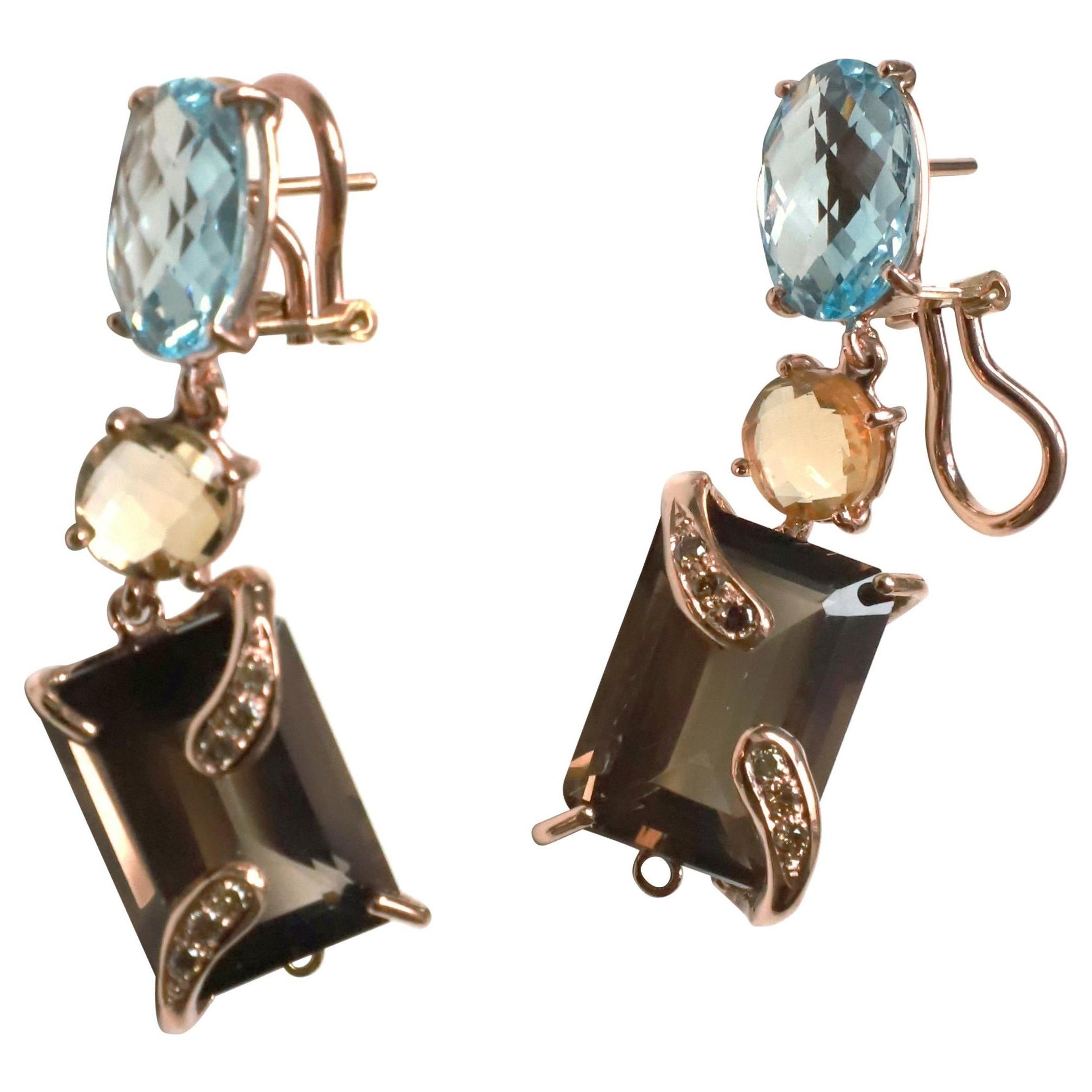 Unique Piece Rose Gold Blue Topaz Citrine Brown Diamonds Dangle Design Earrings