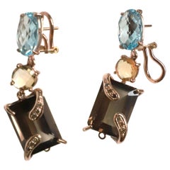  Blue Topaz Citrine Brown Diamonds Dangle Rose Gold Unique Piece Design Earrings