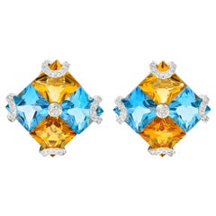 Blue Topaz Citrine Diamond 18 Karat White Gold Harlequin Earrings