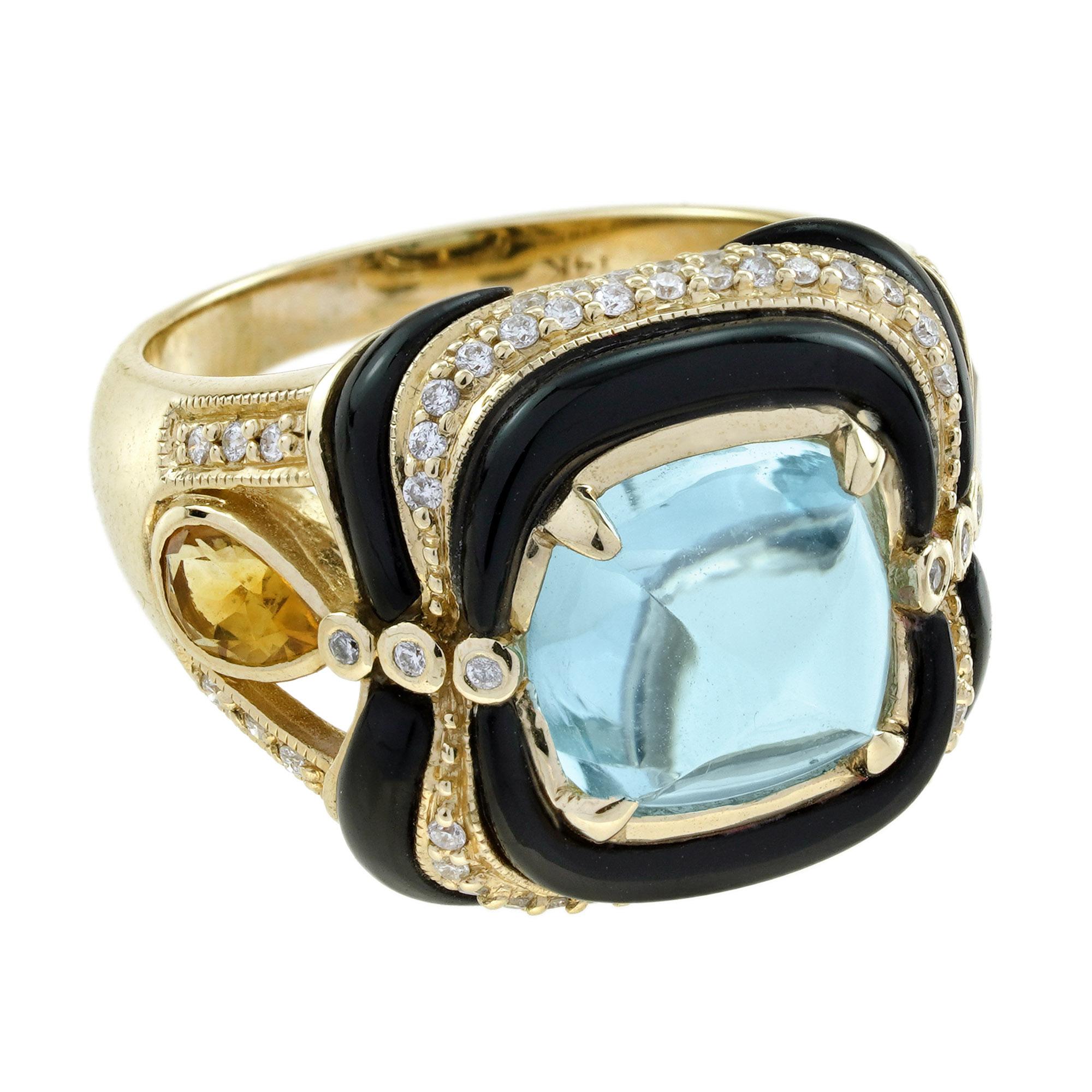 Cette bague ne manquera pas d'enflammer les passions par ses teintes saisissantes, la variété des couleurs des pierres précieuses qu'elle utilise et l'esthétique puissante de son design. Un cabochon de topaze bleu ciel d'environ 4,70 carats est