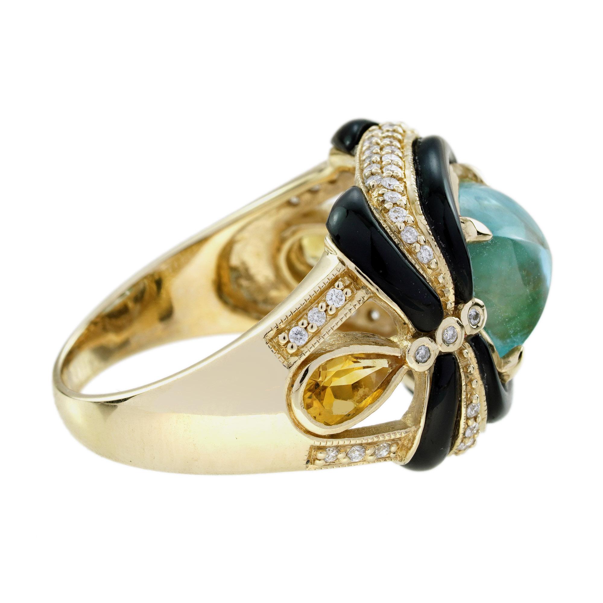 Art déco Bague cocktail en or jaune, topaze bleue et citrine, diamant et onyx, style antique en vente