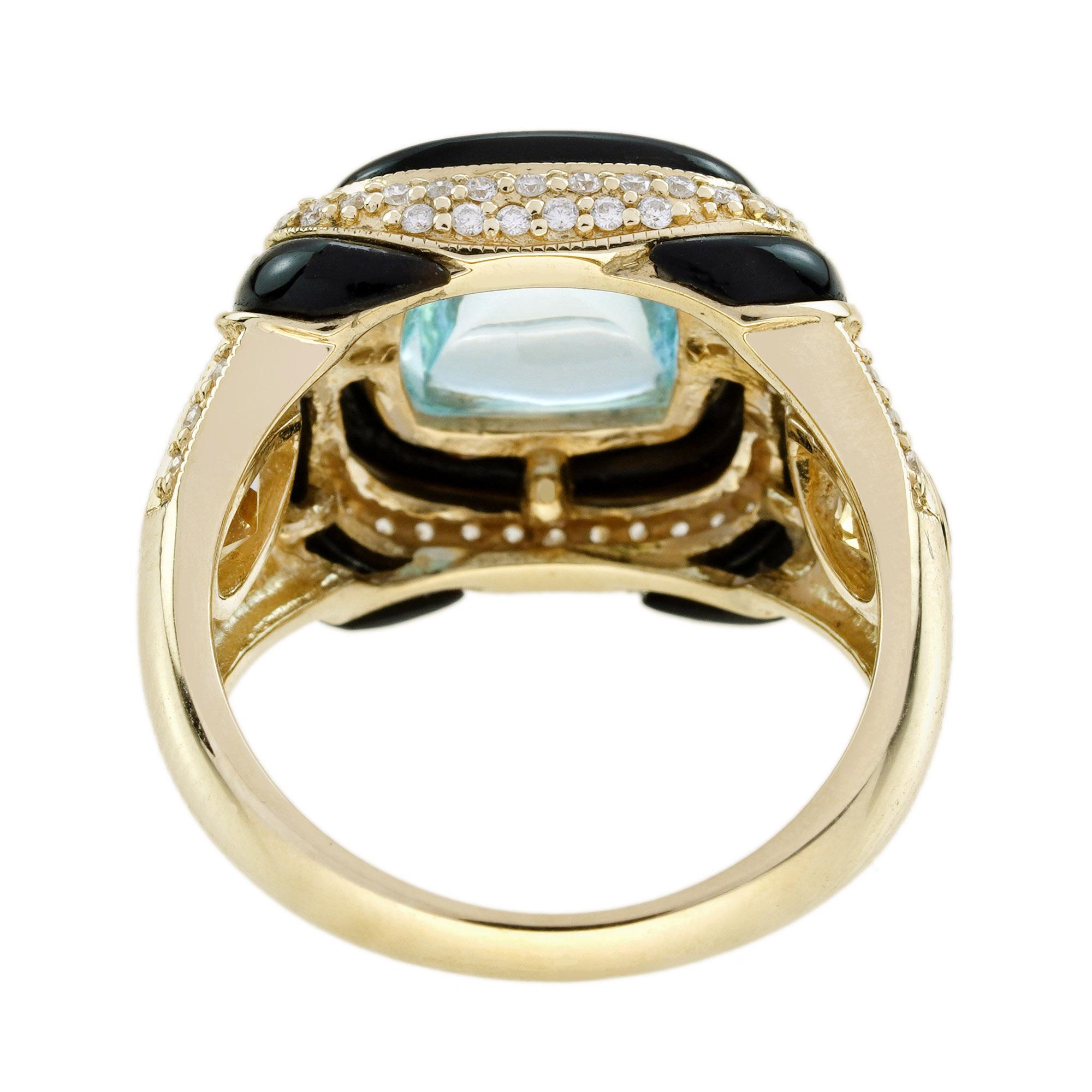 Taille cabochon Bague cocktail en or jaune, topaze bleue et citrine, diamant et onyx, style antique en vente