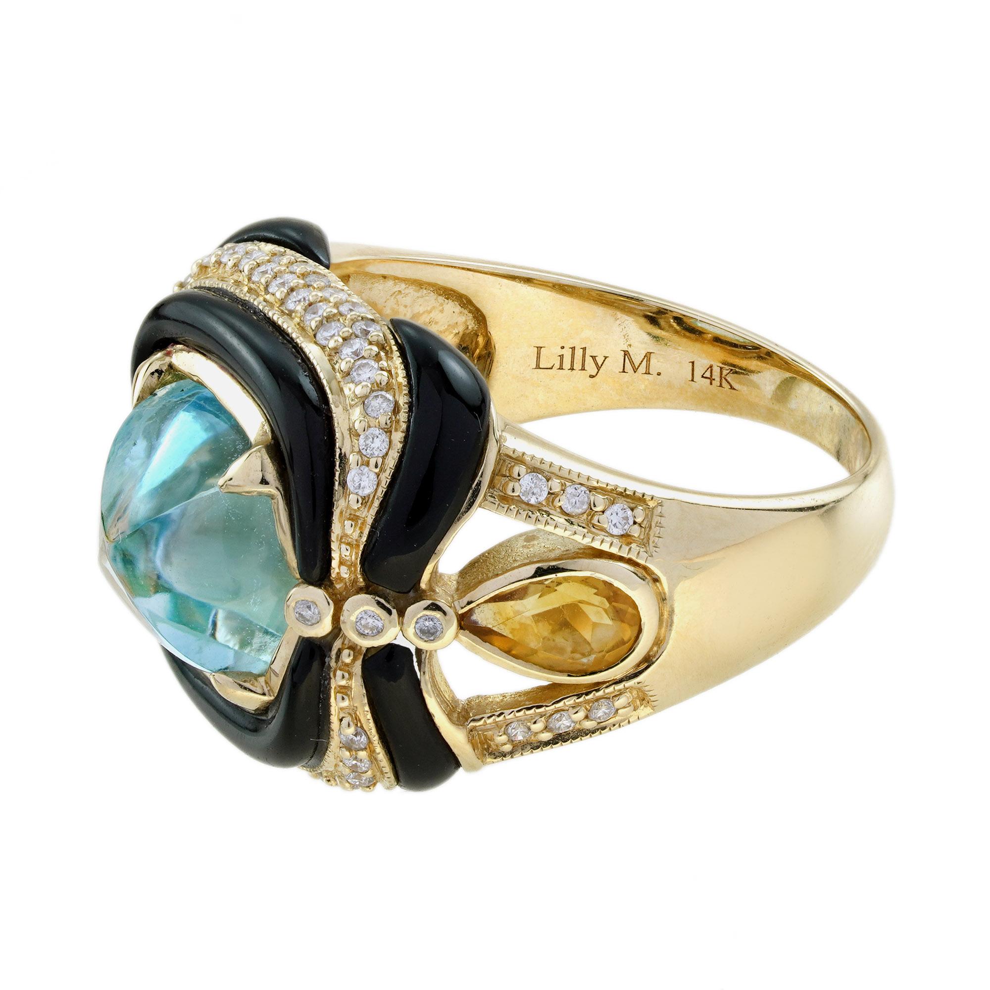 Bague cocktail en or jaune, topaze bleue et citrine, diamant et onyx, style antique Neuf - En vente à Oakton, VA
