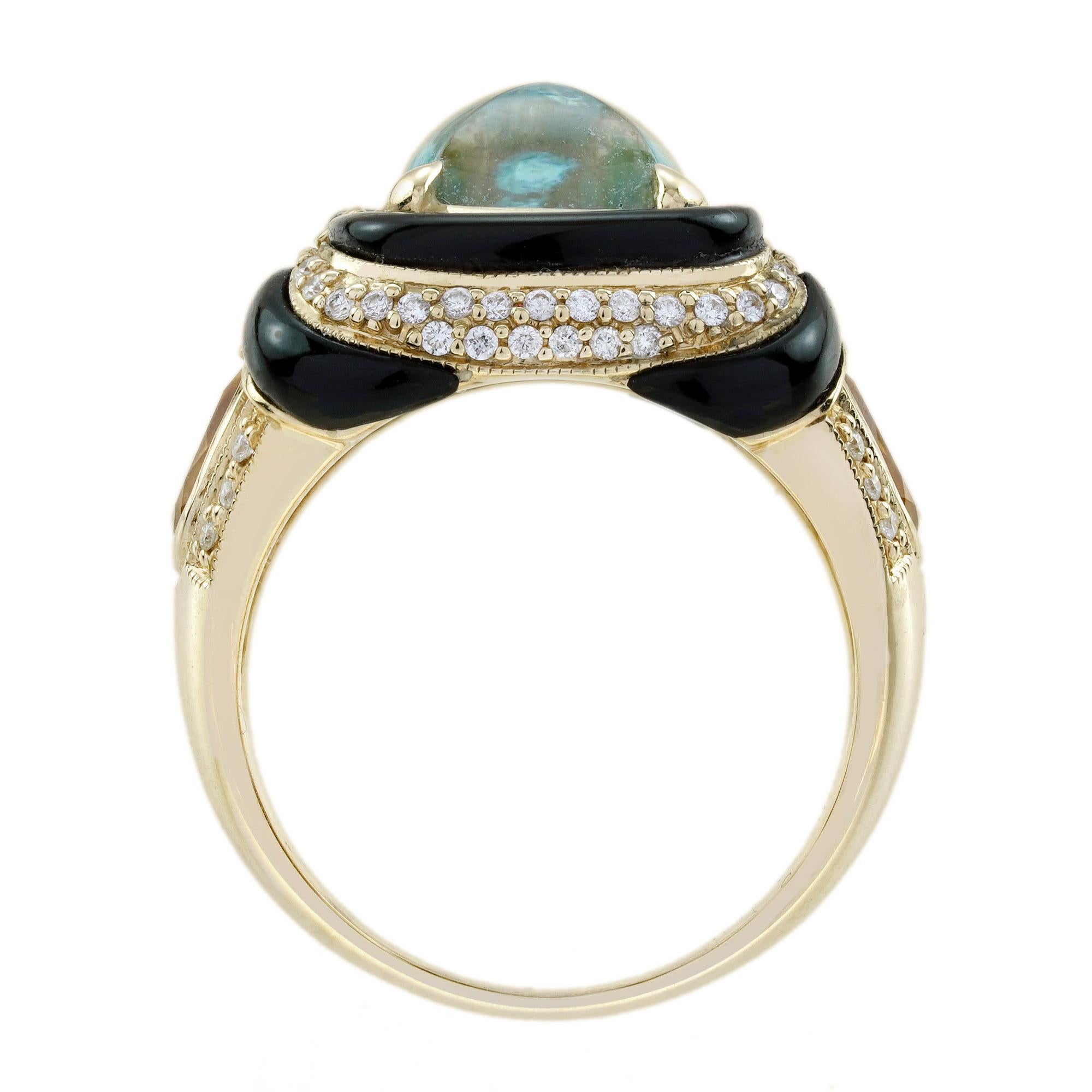 Bague cocktail en or jaune, topaze bleue et citrine, diamant et onyx, style antique Pour femmes en vente