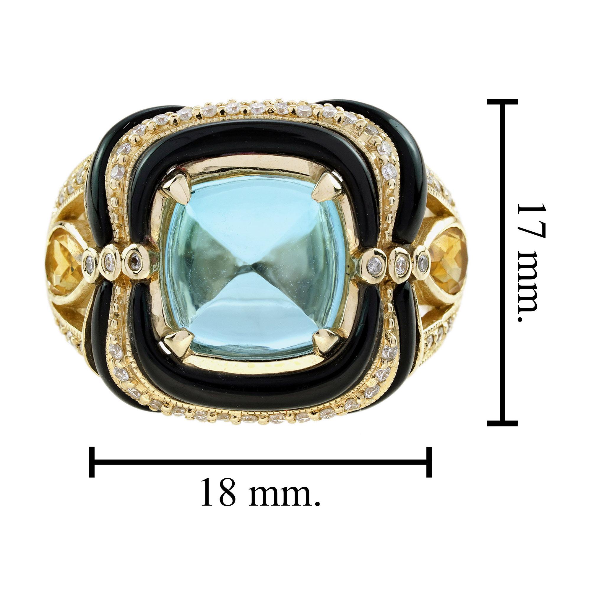 Bague cocktail en or jaune, topaze bleue et citrine, diamant et onyx, style antique en vente 1