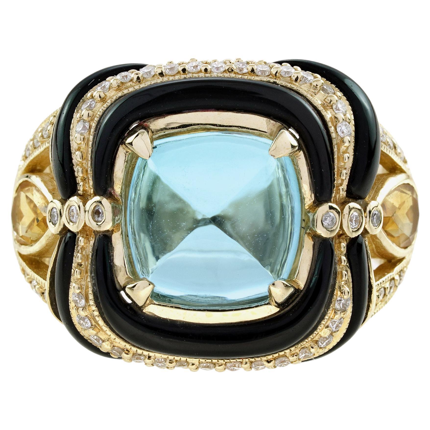 Bague cocktail en or jaune, topaze bleue et citrine, diamant et onyx, style antique en vente