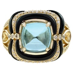 Blauer Topas & Citrin Diamant und Onyx Cocktailring aus Gelbgold im Antikstil