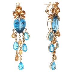 Blue Topaz Citrine 
Diamond Long Dangle Ladies Earrings 14K Yellow Gold