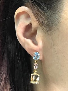 Blue Topaz Citrine Morganite Yellow Beryl Dangle Earrings in 14K Yellow Gold