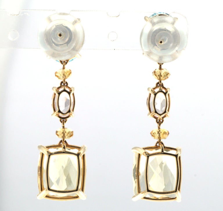 Contemporary Blue Topaz Citrine Morganite Yellow Beryl Dangle Earrings in 14K Yellow Gold For Sale