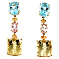 Pendants d'oreilles en or jaune 14 carats, topaze bleue, citrine, morganite et béryl jaune