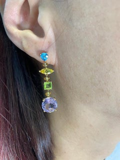 Blue Topaz Citrine Peridot Yellow Beryl Amethyst Dangle Earrings in 14K Gold
