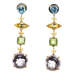 Blue Topaz Citrine Peridot Yellow Beryl Amethyst Dangle Earrings in 14K Gold