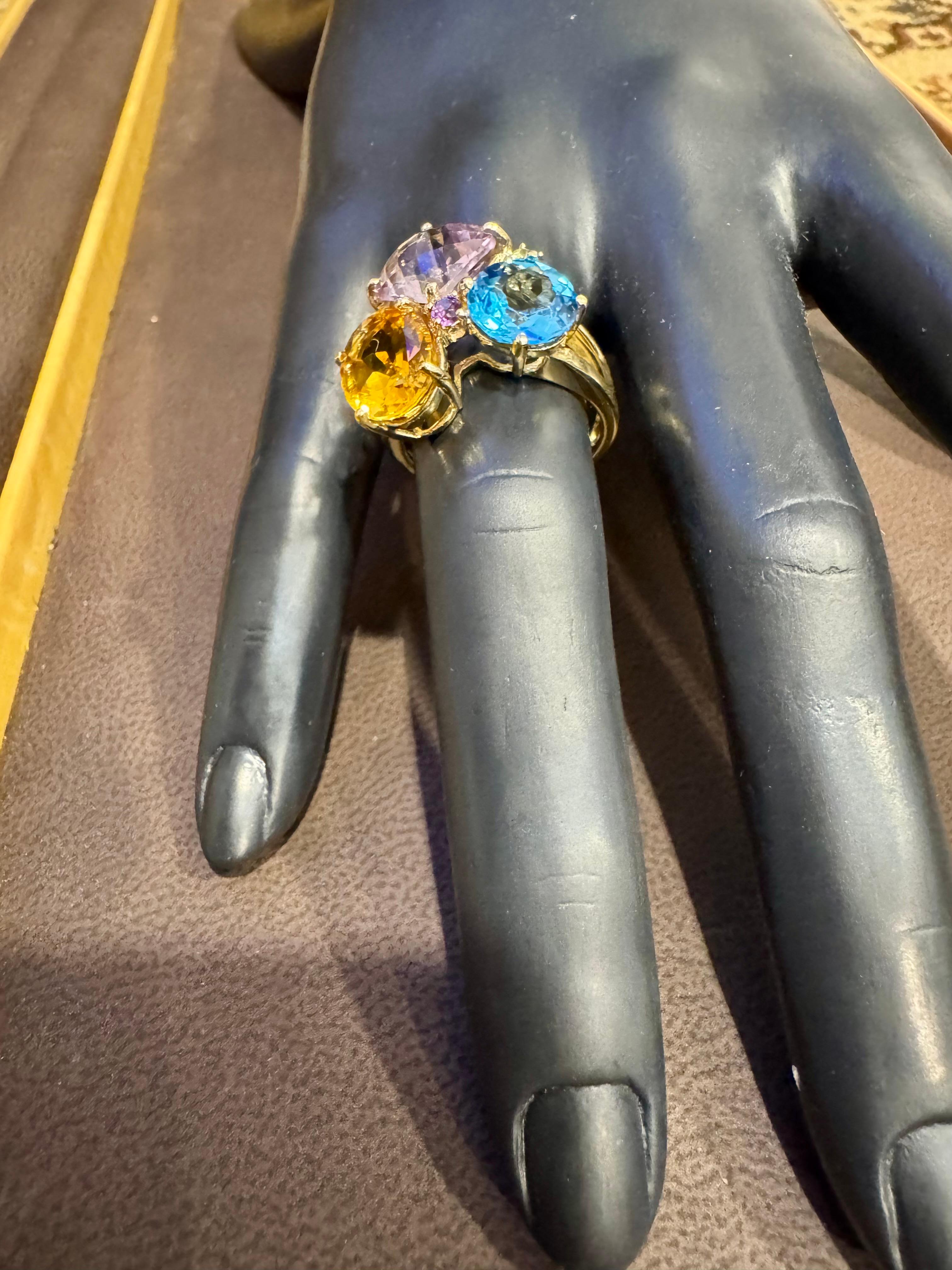 Topaze bleue, citrine, améthyste rose  Bague cocktail Estate S7 en or jaune 14 carats en vente 6