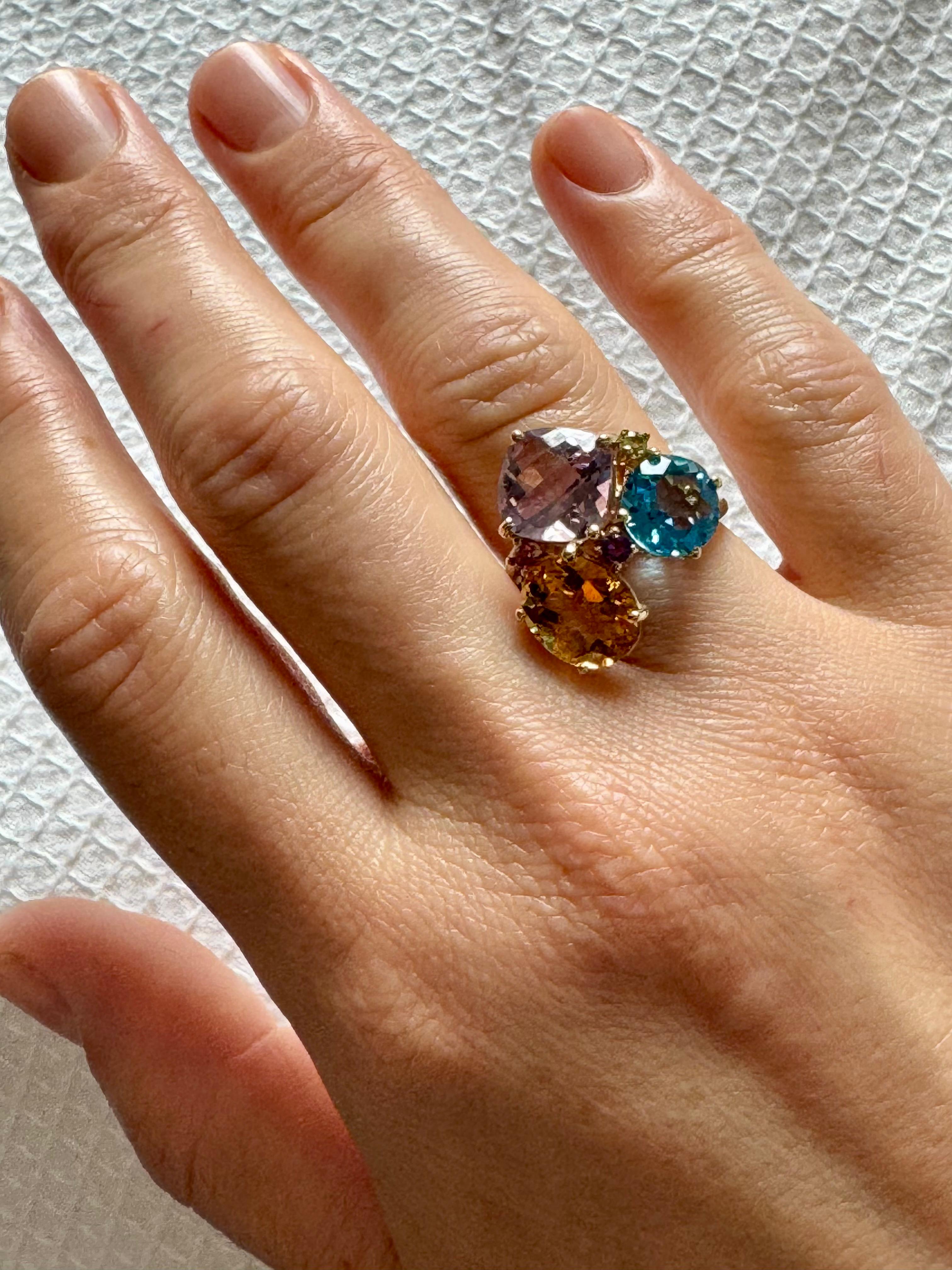 Topaze bleue, citrine, améthyste rose  Bague cocktail Estate S7 en or jaune 14 carats en vente 8