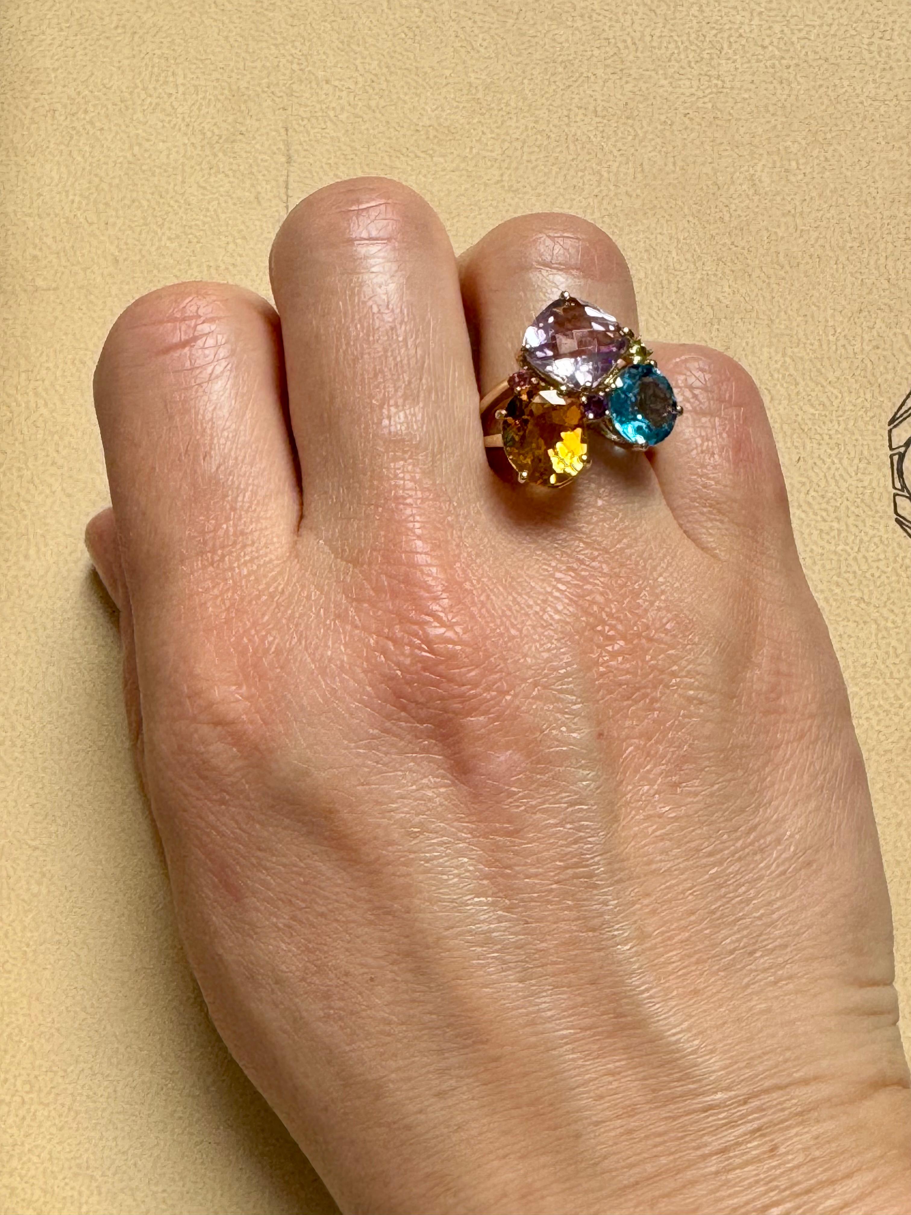 Topaze bleue, citrine, améthyste rose  Bague cocktail Estate S7 en or jaune 14 carats en vente 9