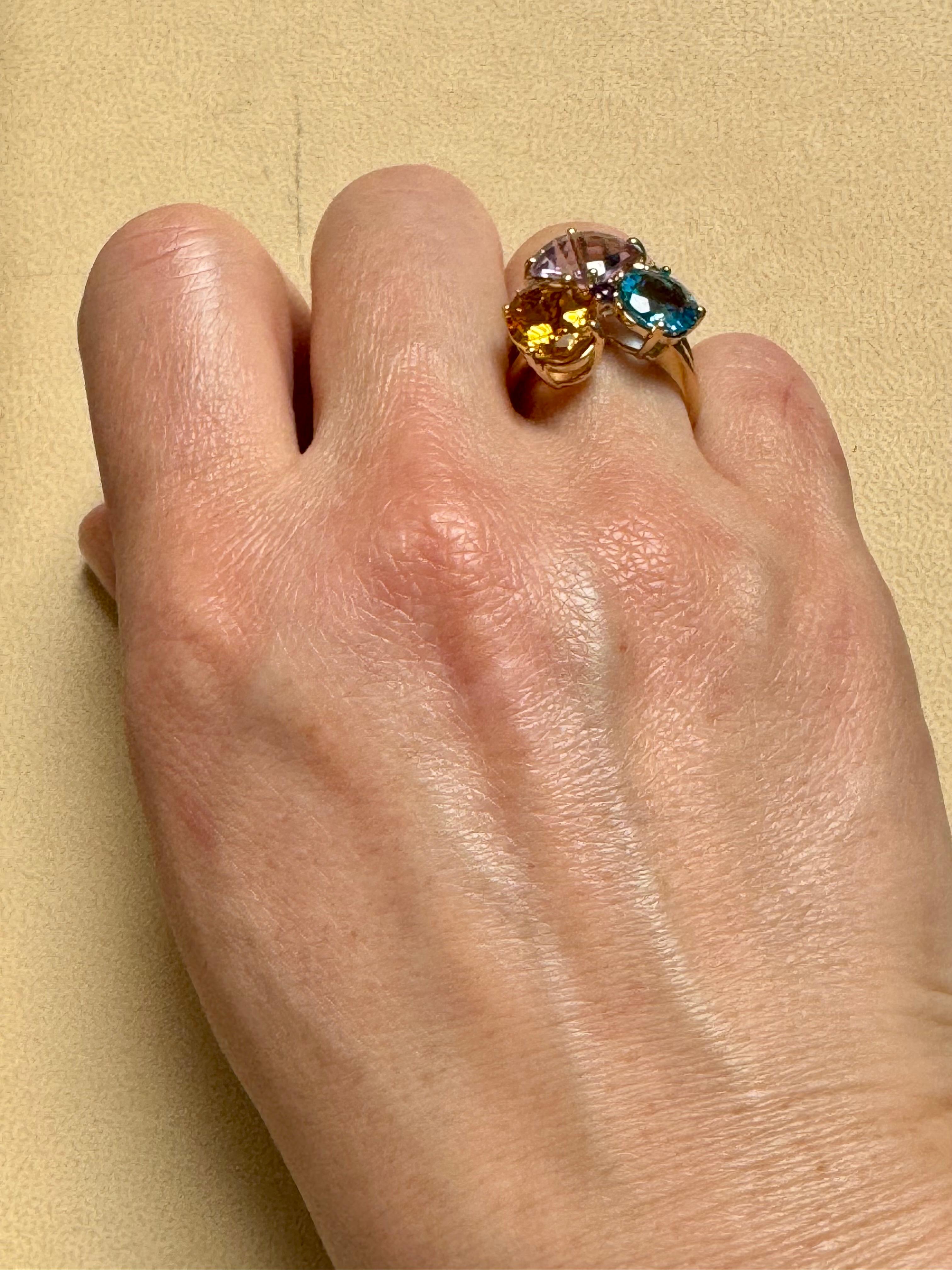 Topaze bleue, citrine, améthyste rose  Bague cocktail Estate S7 en or jaune 14 carats en vente 10