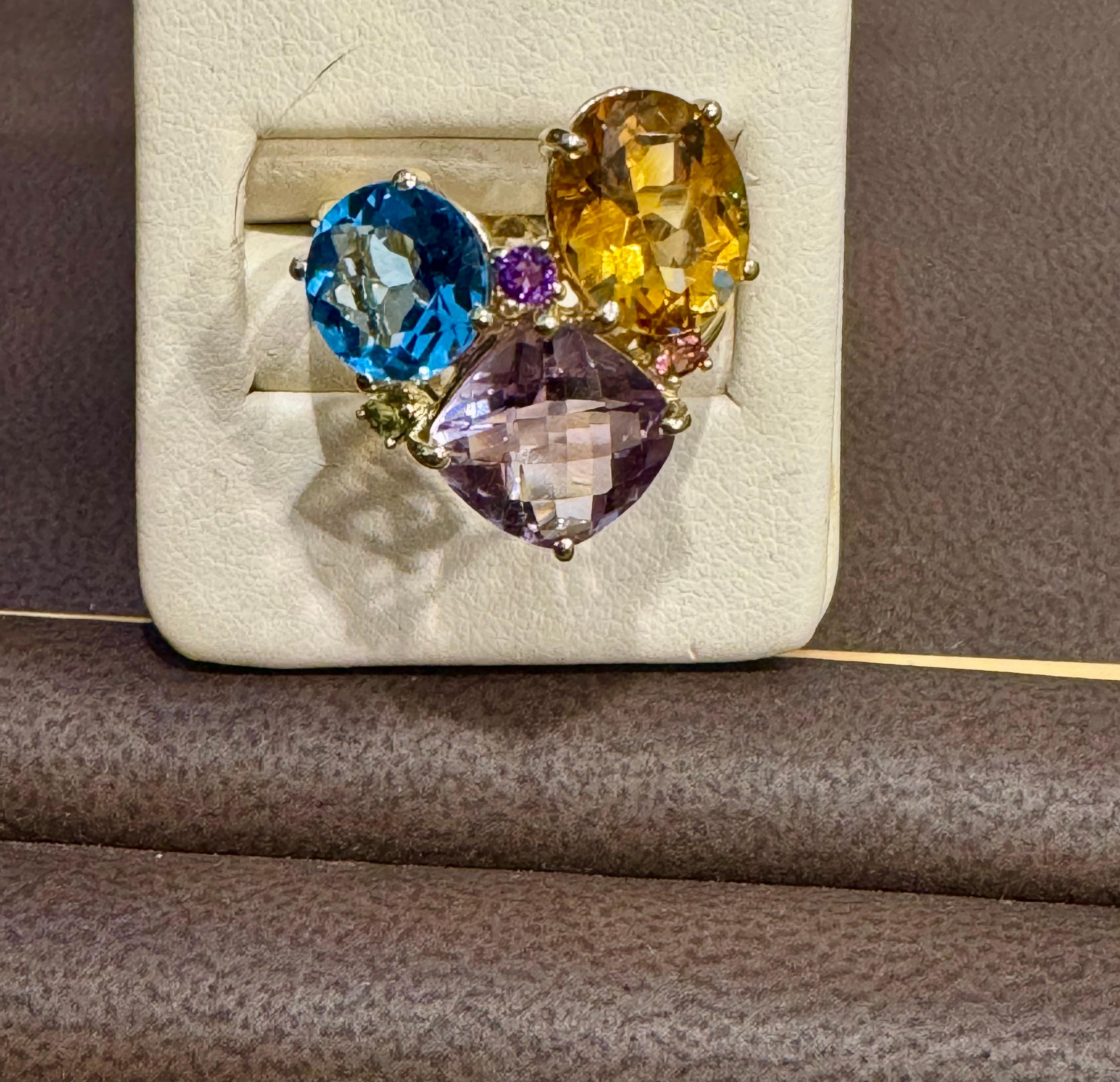 Topaze bleue, citrine, améthyste rose  Bague cocktail Estate S7 en or jaune 14 carats Excellent état - En vente à New York, NY