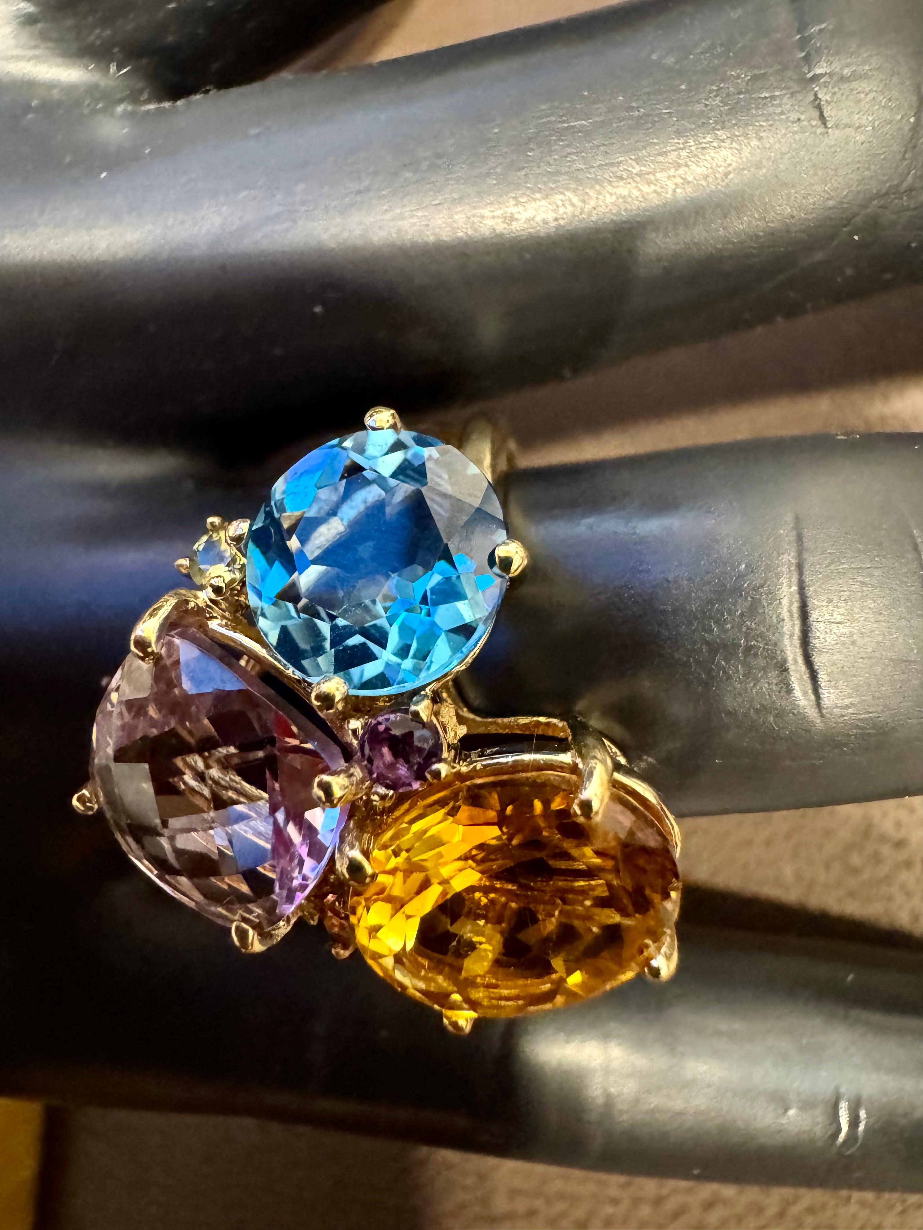 Topaze bleue, citrine, améthyste rose  Bague cocktail Estate S7 en or jaune 14 carats Pour femmes en vente