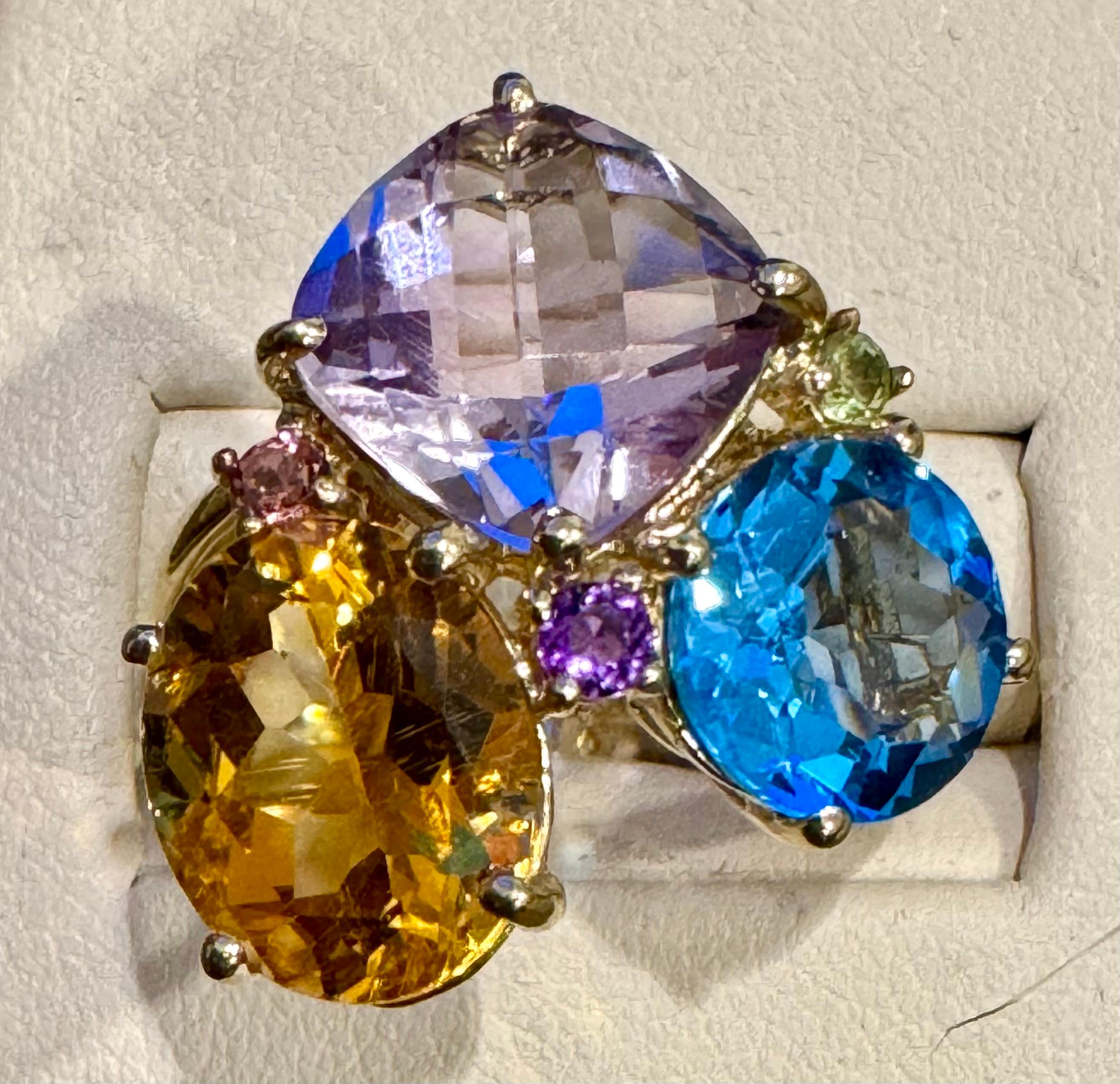 Topaze bleue, citrine, améthyste rose  Bague cocktail Estate S7 en or jaune 14 carats en vente 2