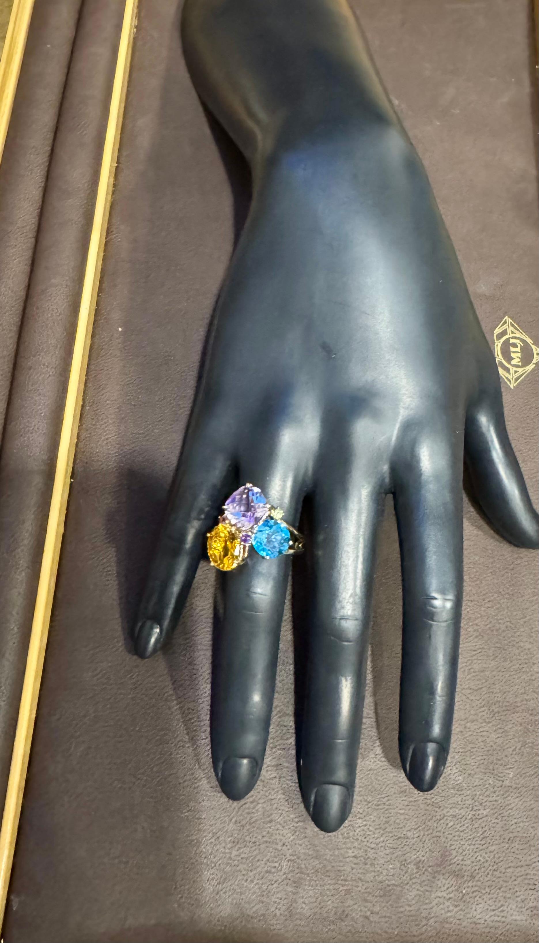 Topaze bleue, citrine, améthyste rose  Bague cocktail Estate S7 en or jaune 14 carats en vente 3