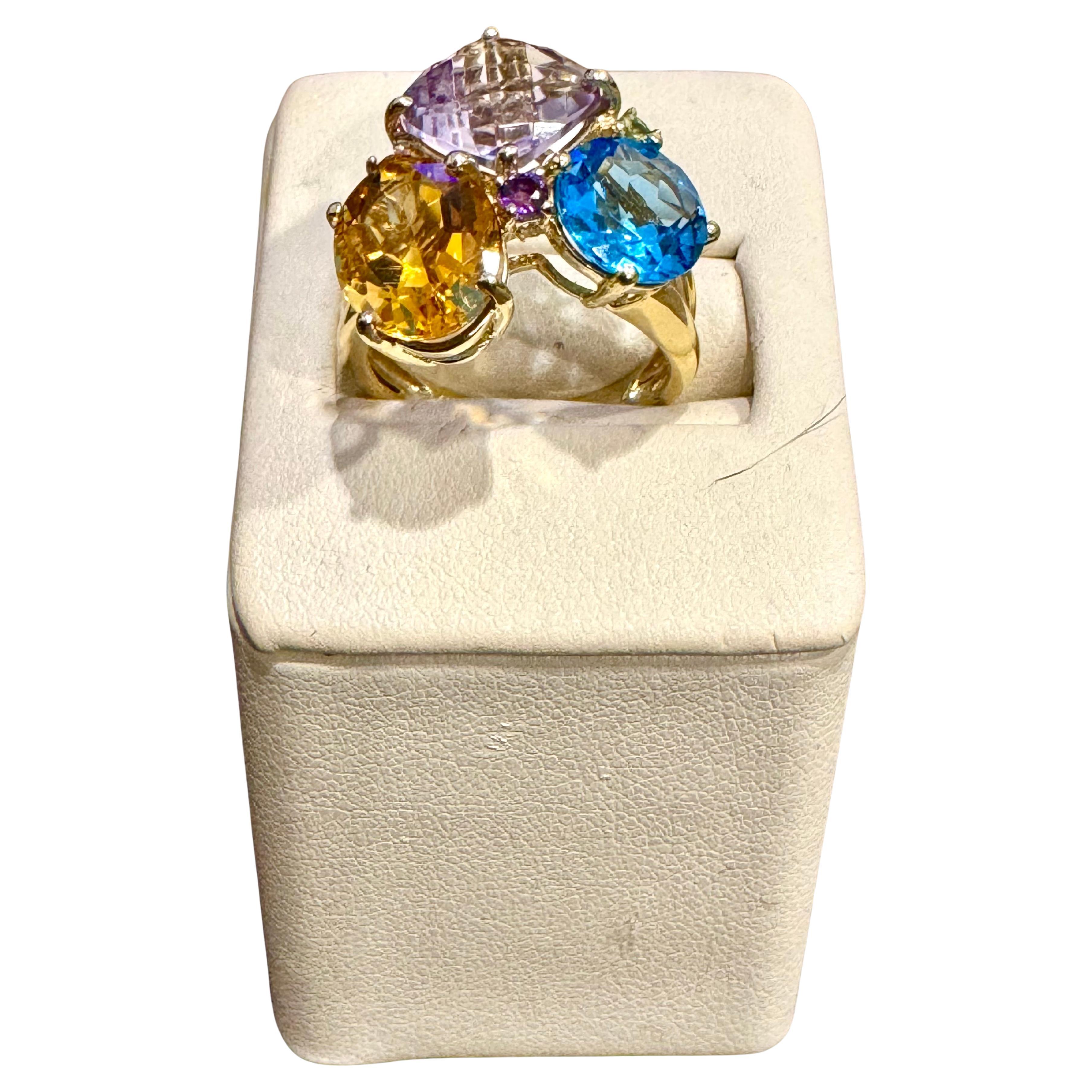 Blauer Topas, Citrin, rosa Amethyst  Cocktail-Ring 14 Karat Gelbgold Estate S7