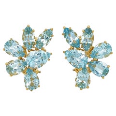 Blue Topaz Cluster 18K Yellow Gold Earrings