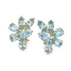 Blue Topaz Cluster 18K Yellow Gold Earrings