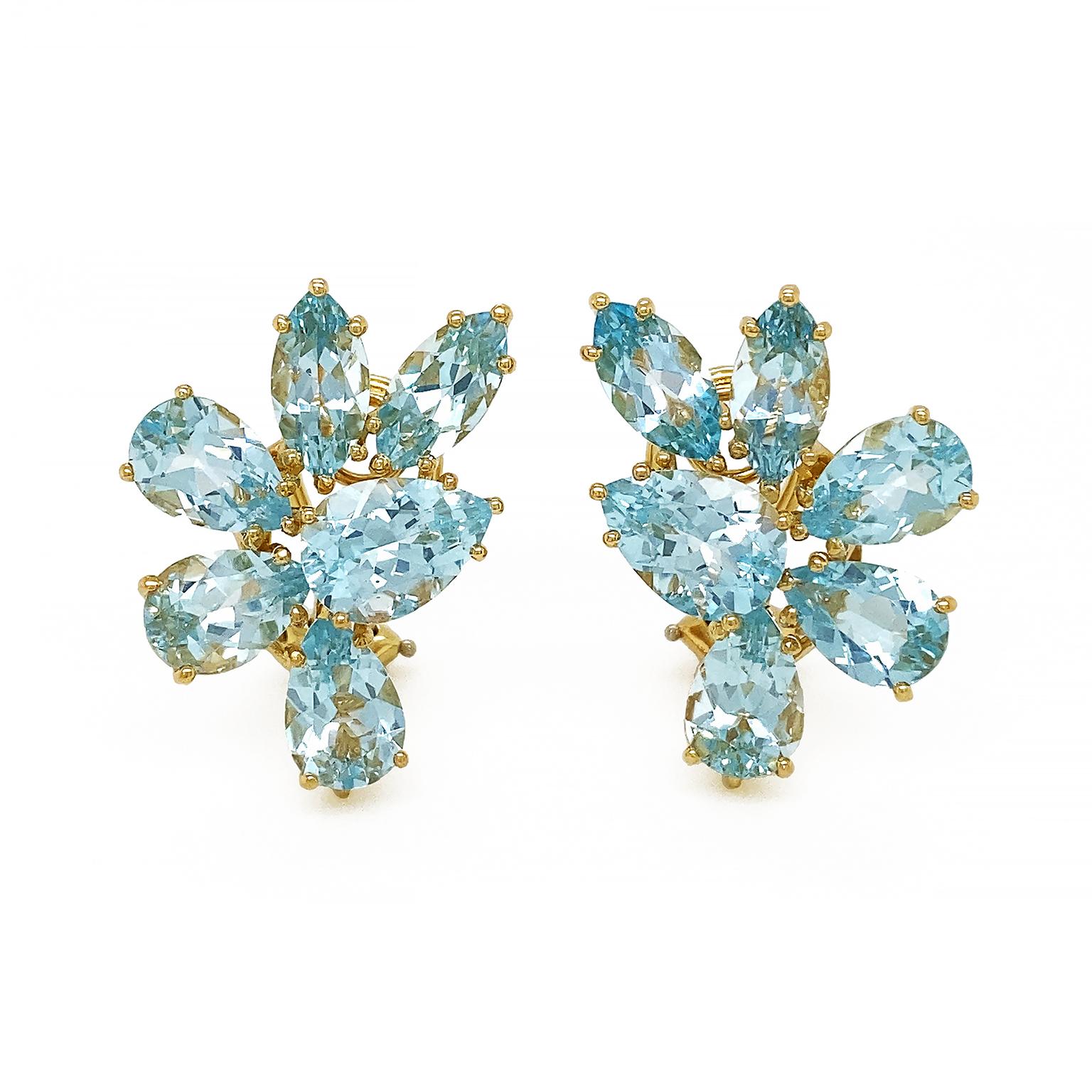 Modern Blue Topaz Cluster 18K Yellow Gold Earrings For Sale