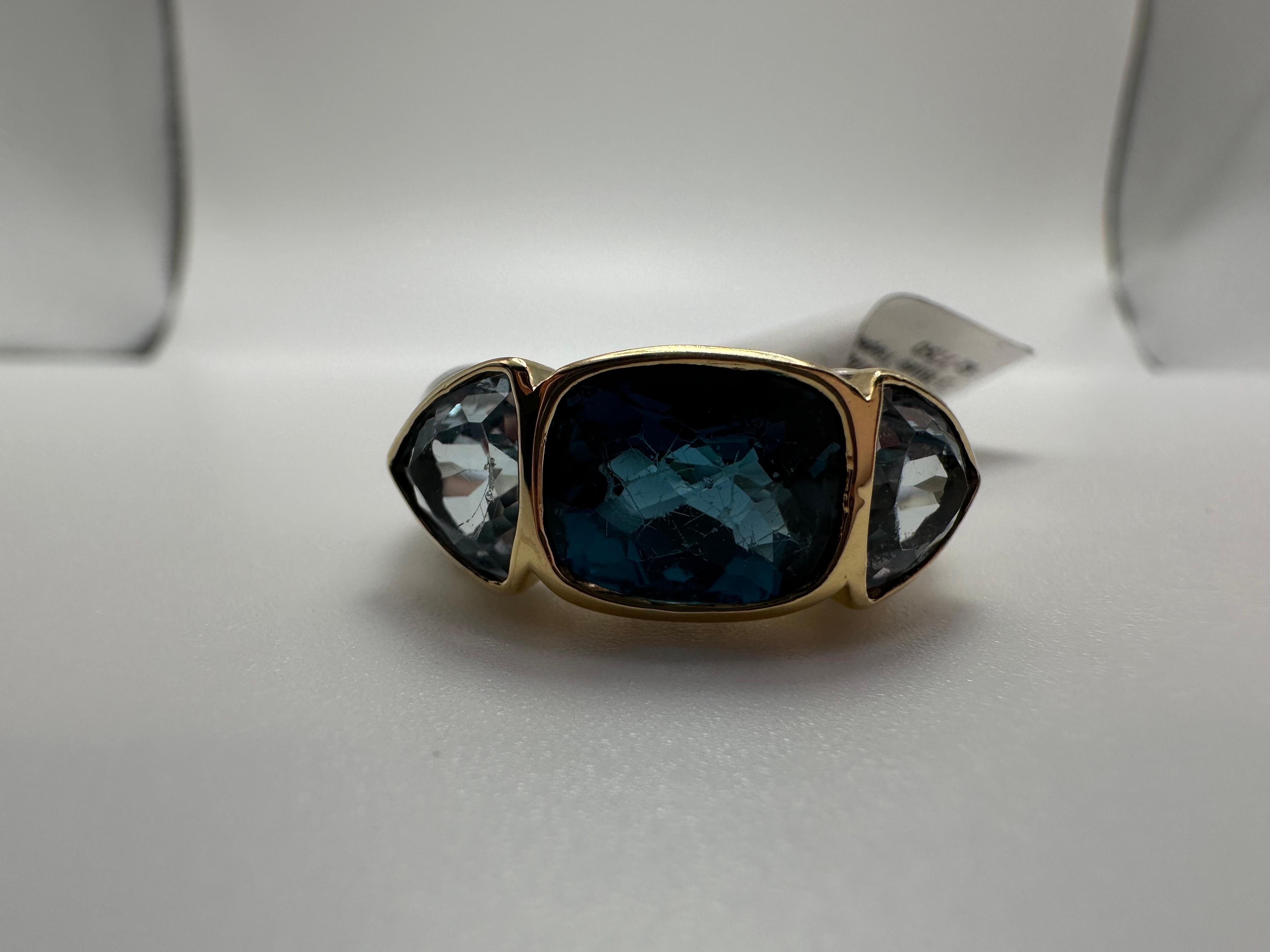 Bold and bright ring by Yurman! The center blue topaz is a little bit scratched, ring is size 7.5.  Ring is about 8 grams. The size blue topaz are lighter in color as they are sky blue topaz, the topaz in the middle is swiss. 
WHAT YOU GET AT