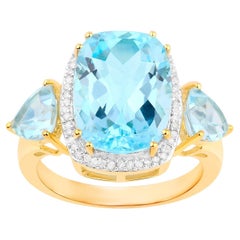 Blauer Topas Cocktail Ring Diamant Halo 8,2 Karat Total 18K Gelbgold plattiert
