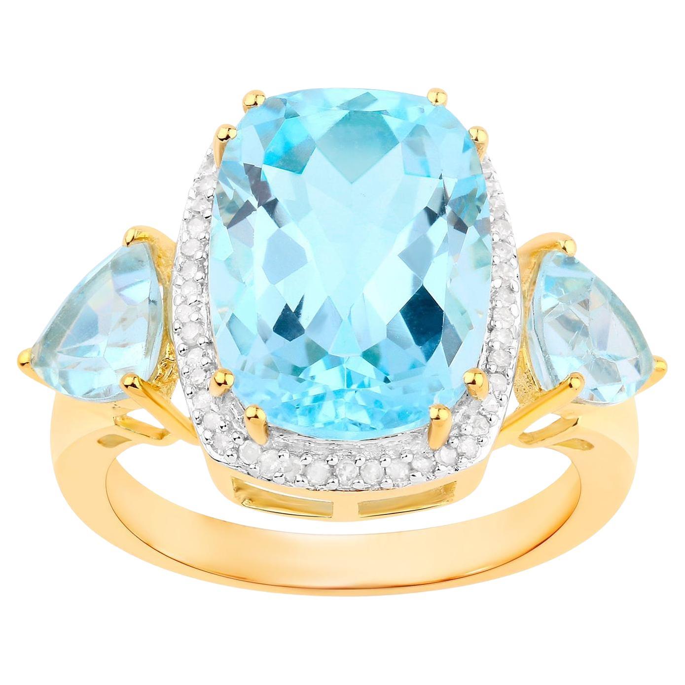 Anello Cocktail Topazio Blu Diamante Halo 8.2 Carati Totale Placcato Oro Giallo 18K