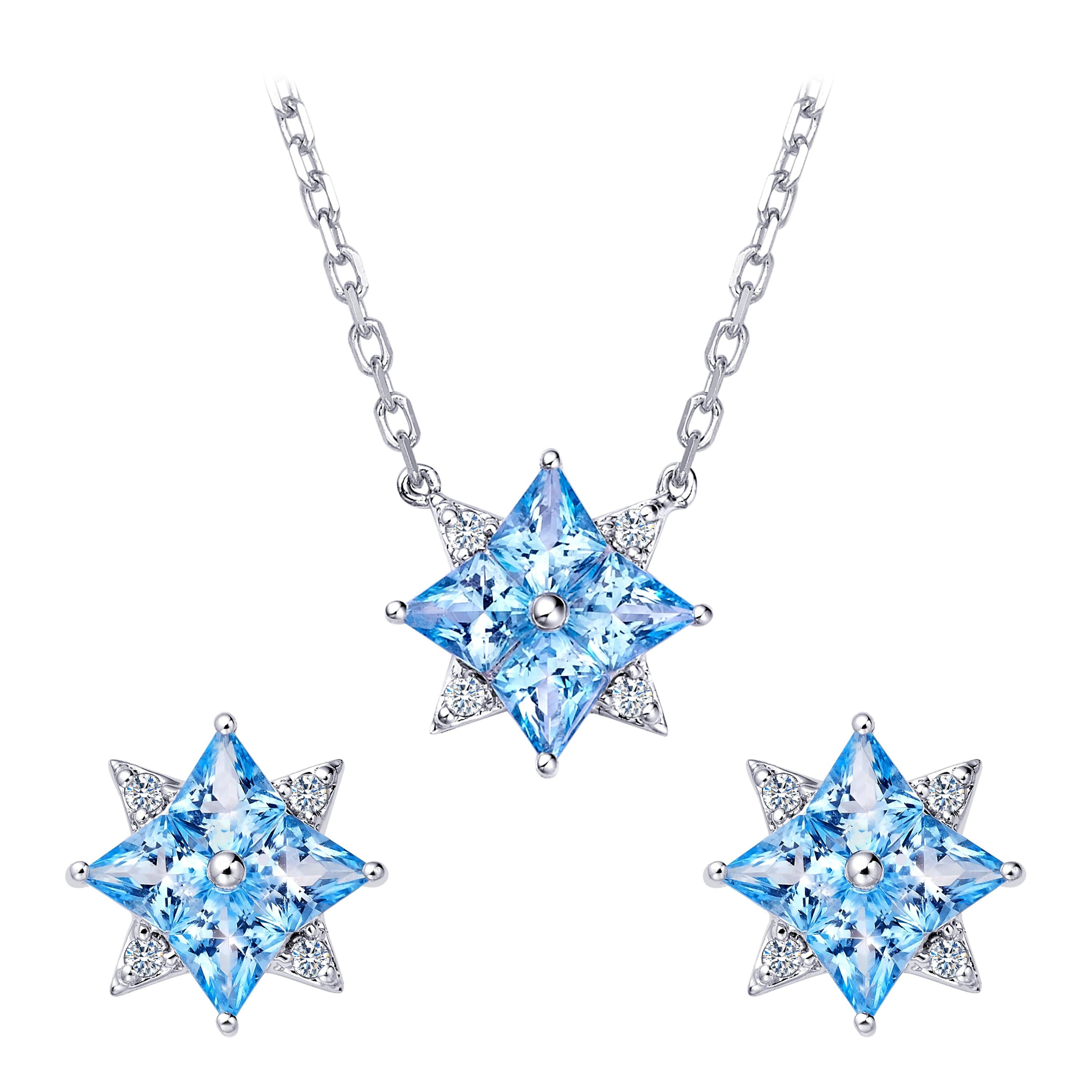 Blue Topaz Cubic Zirconia Sterling Silver Necklace Earrings Mini Star Set