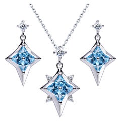 Blue Topaz Cubic Zirconia Sterling Silver Necklace Earrings North Star Set