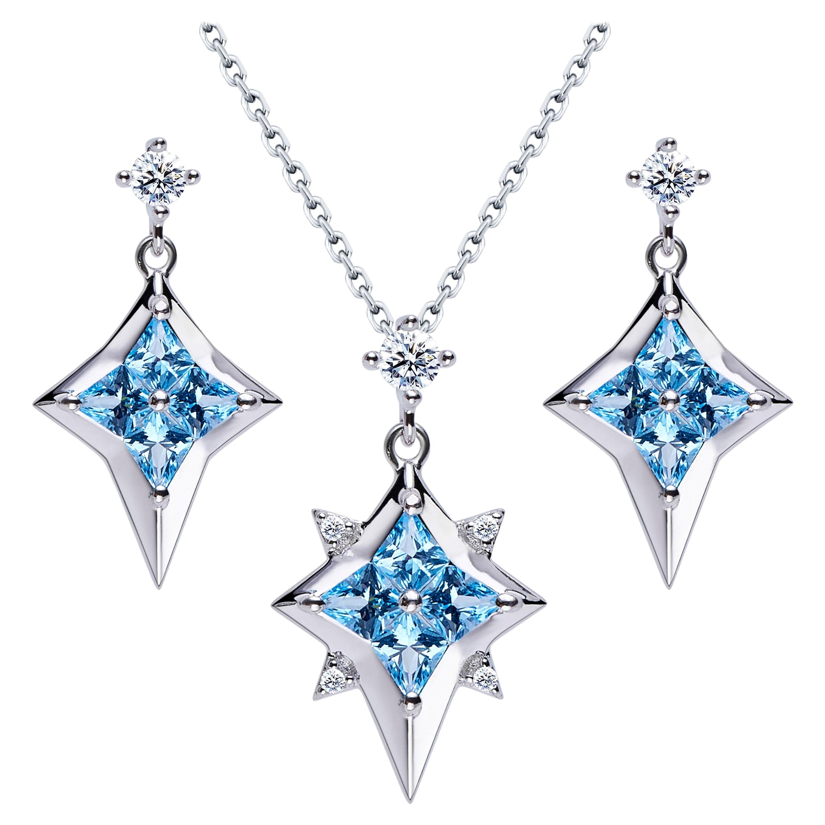 Blue Topaz Cubic Zirconia Sterling Silver Necklace Earrings North Star Set For Sale