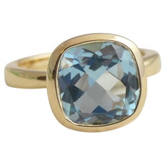 Topacio azul talla cojín Anillo de plata de ley chapado en oro