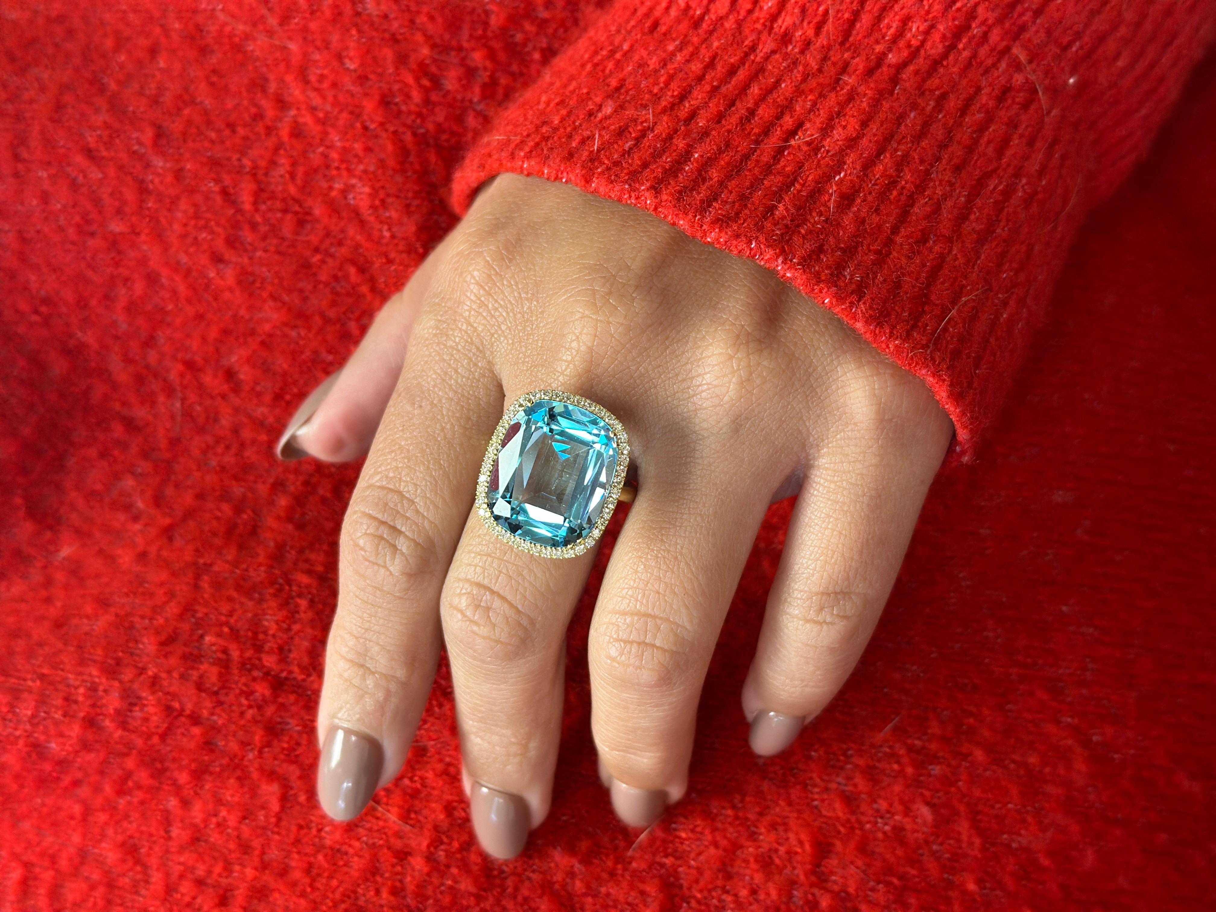 For Sale:  Blue Topaz Cushion Cut Ring with Tube Shank & Diamond in 18K Yellow Gold 2