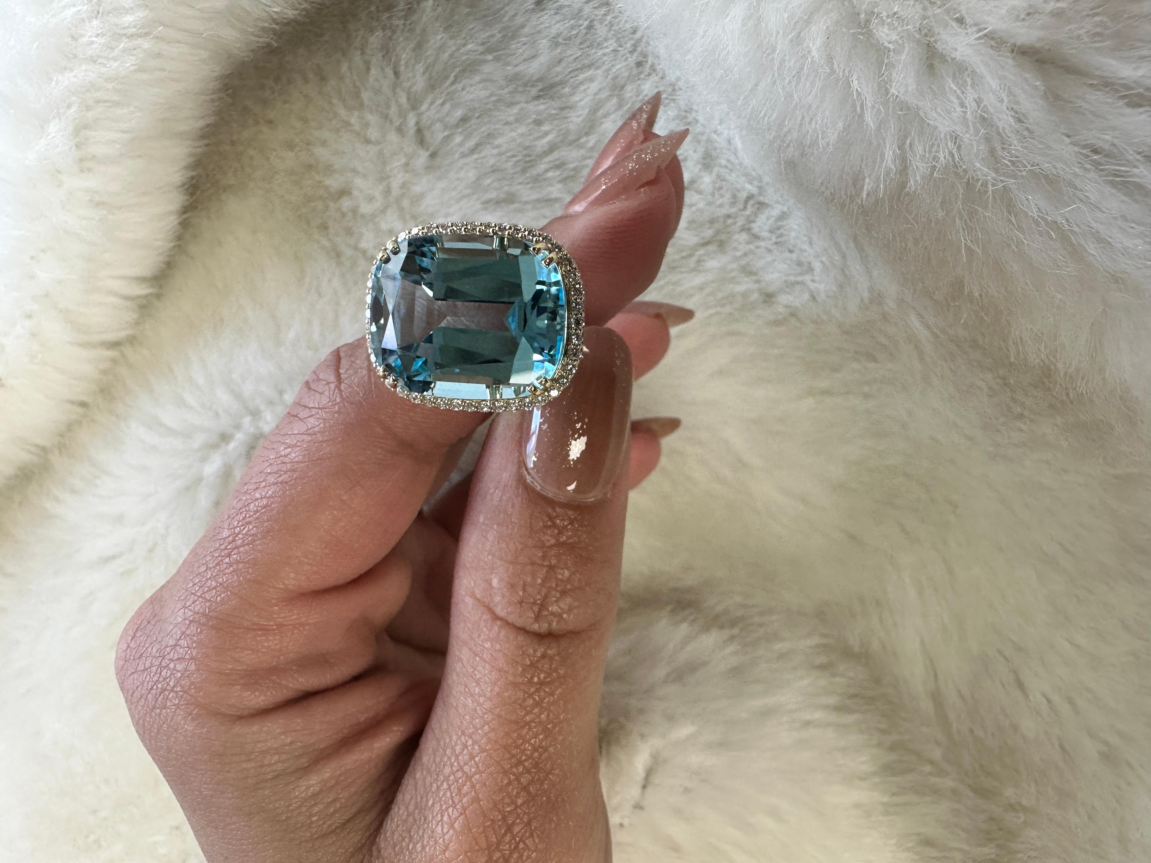 For Sale:  Blue Topaz Cushion Cut Ring with Tube Shank & Diamond in 18K Yellow Gold 5